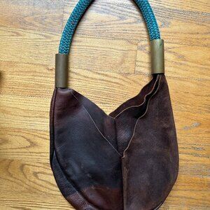 Wildwood Oyster Co. Brown Leather Small Tote with Signature Teal Dock Line